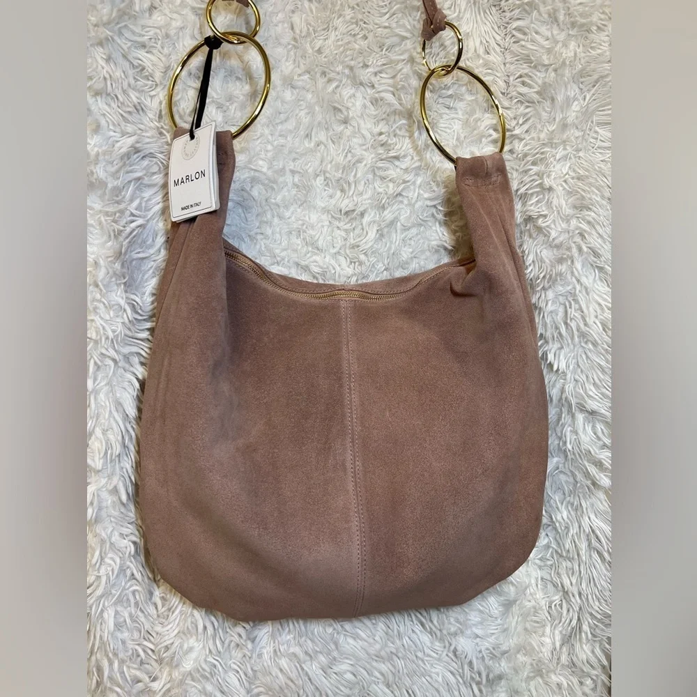 🩷NWT-MARLON GORGEOUS Made In Italy Genuine Suede Leather Circle Handle Hobo🩷